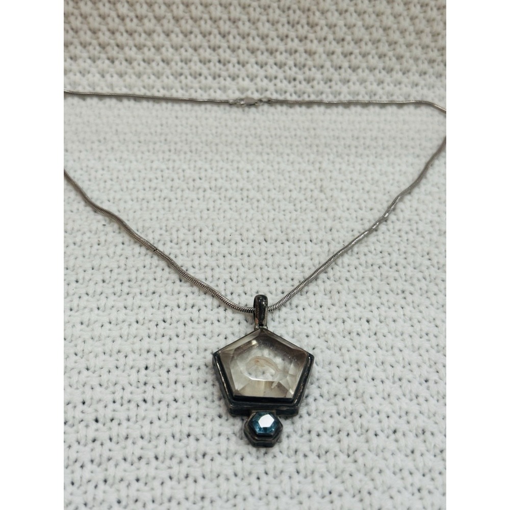950 Silver Geometric Gemstone Pendant Necklace 925 Snake Chain 20" Vintage